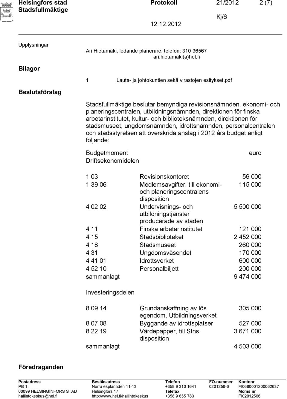 stadsmuseet, ungdomsnämnden, idrottsnämnden, personalcentralen och stadsstyrelsen att överskrida anslag i 2012 års budget enligt följande: Budgetmoment euro Driftsekonomidelen 1 03 Revisionskontoret