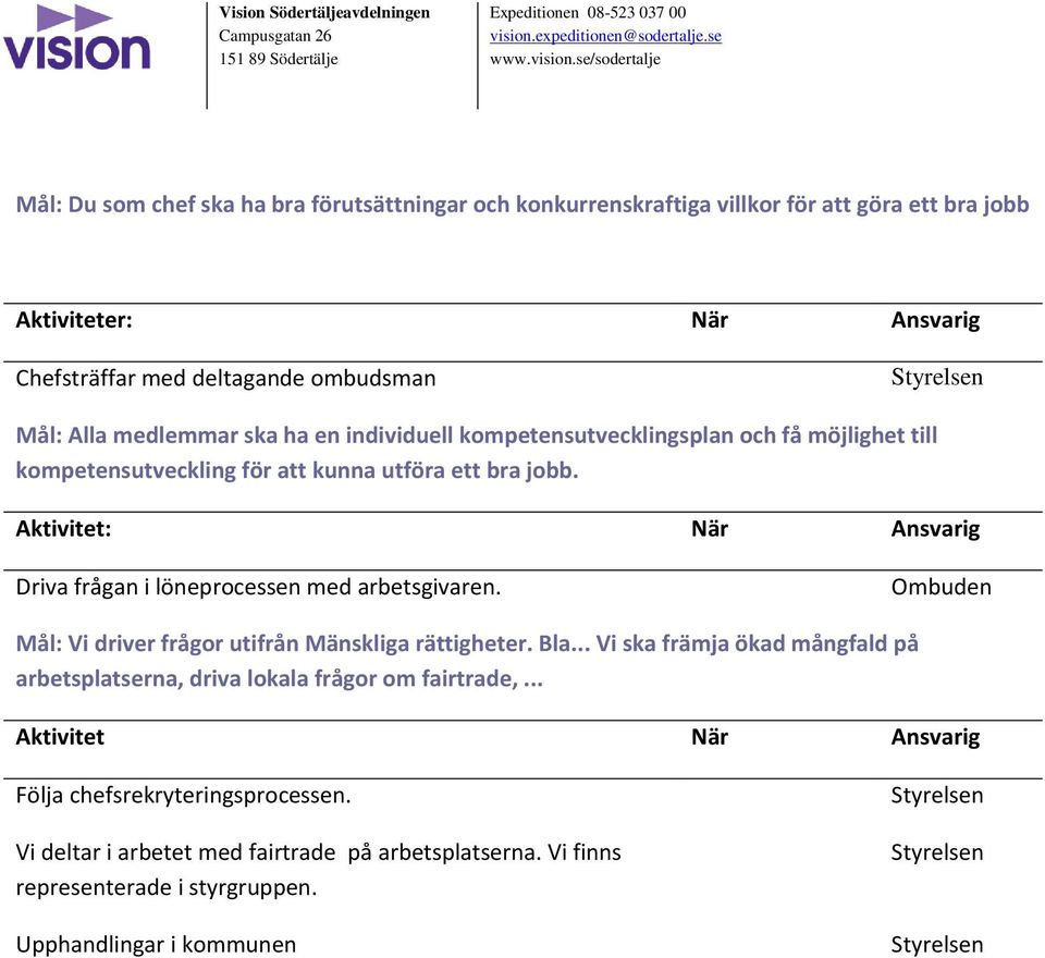 Aktivitet: När Ansvarig Driva frågan i löneprocessen med arbetsgivaren. Mål: Vi driver frågor utifrån Mänskliga rättigheter. Bla.