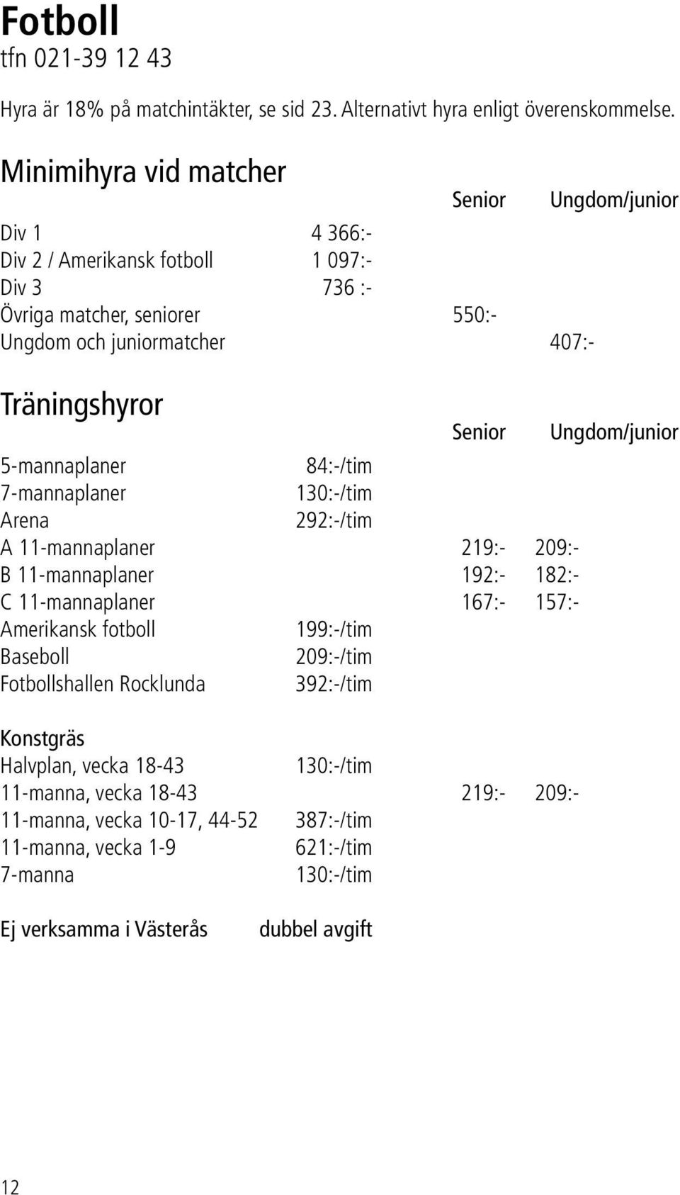 5-mannaplaner 84:-/tim 7-mannaplaner 130:-/tim Arena 292:-/tim A 11-mannaplaner 219:- 209:- B 11-mannaplaner 192:- 182:- C 11-mannaplaner 167:- 157:- Amerikansk fotboll 199:-/tim