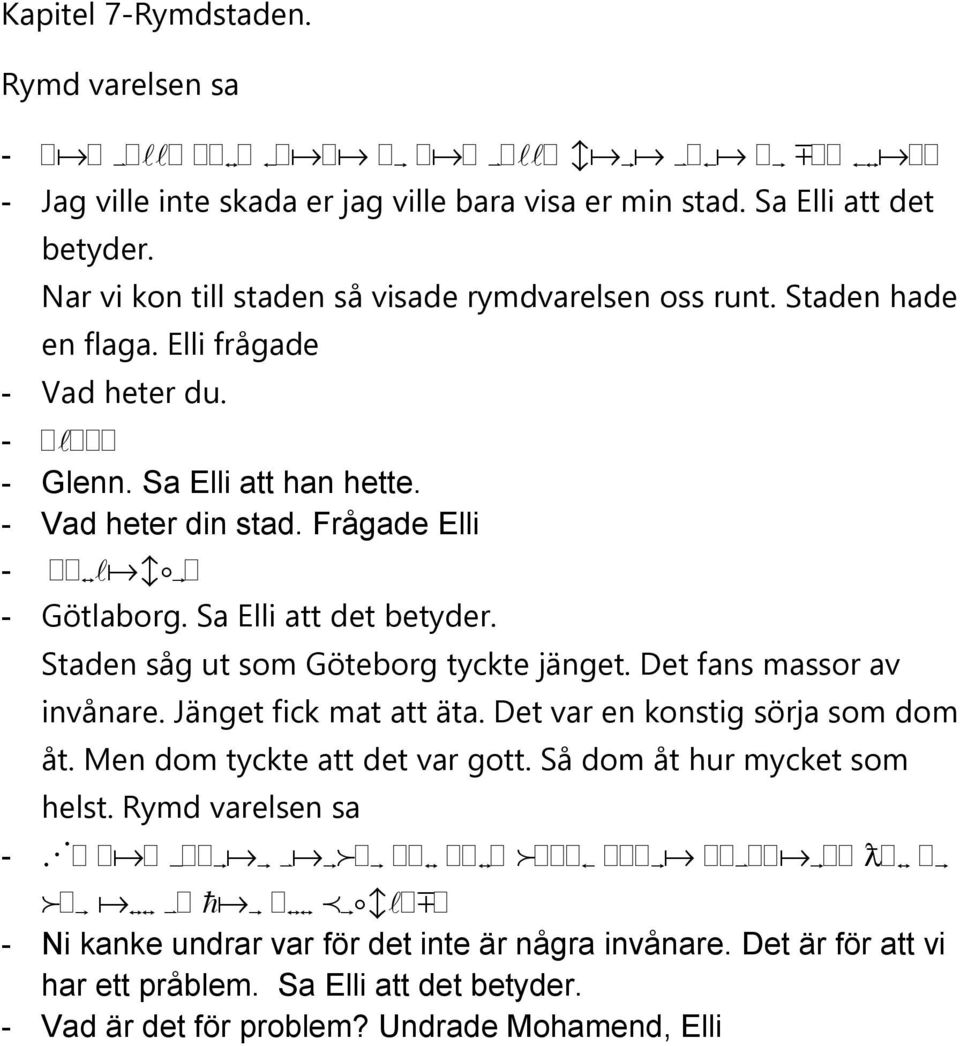 Staden såg ut som Göteborg tyckte jänget. Det fans massor av invånare. Jänget fick mat att äta. Det var en konstig sörja som dom åt. Men dom tyckte att det var gott.