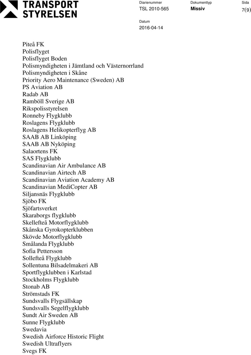 Scandinavian Airtech AB Scandinavian Aviation Academy AB Scandinavian MediCopter AB Siljansnäs Flygklubb Sjöbo FK Sjöfartsverket Skaraborgs flygklubb Skellefteå Motorflygklubb Skånska