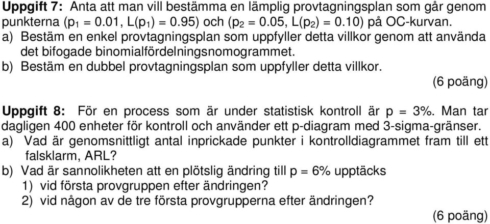 Uppgift 8: För en process som är under statistisk kontroll är p = 3%. Man tar dagligen enheter för kontroll och använder ett p-diagram med 3-sigma-gränser.