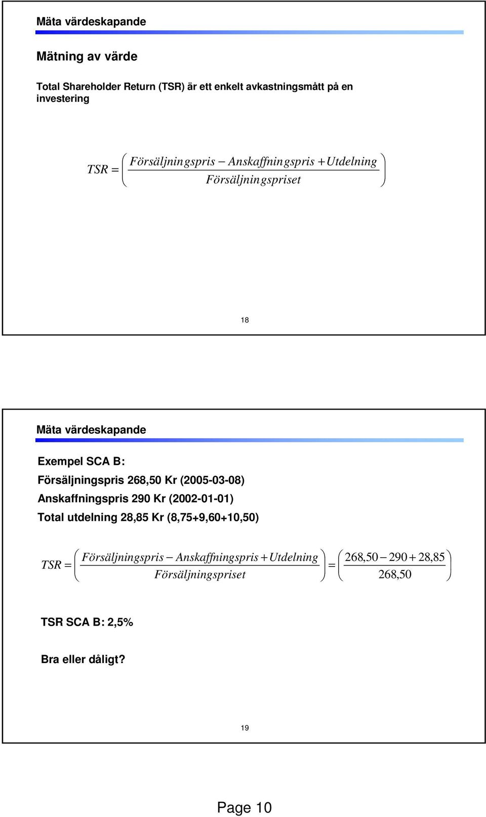 Försäljningspris 268,50 Kr (2005-03-08) Anskaffningspris 290 Kr (2002-01-01) Total utdelning 28,85 Kr (8,75+9,60+10,50)