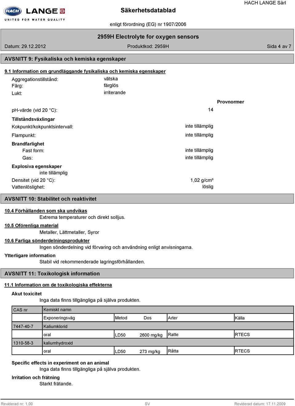 Kokpunkt/kokpunktsintervall: Flampunkt: Brandfarlighet Fast form: Gas: Explosiva egenskaper Densitet (vid 20 C): 1,02 g/cm³ Vattenlöslighet: löslig Provnormer AVSNITT 10: Stabilitet och reaktivitet