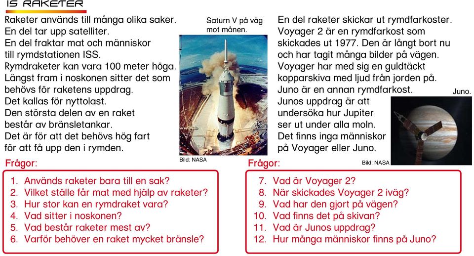 Det är för att det behövs hög fart för att få upp den i rymden. Bild: NASA 1. Används raketer bara till en sak? 2. Vilket ställe får mat med hjälp av raketer? 3. Hur stor kan en rymdraket vara? 4.