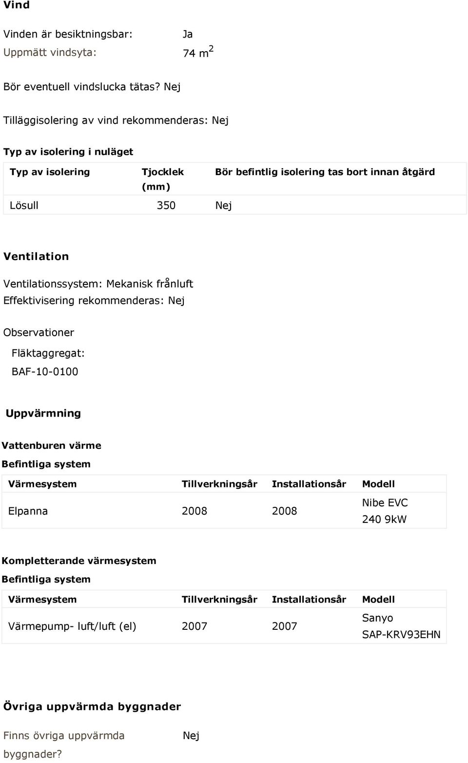 Ventilationssystem: Mekanisk frånluft Effektivisering rekommenderas: Nej Observationer Fläktaggregat: BAF-10-0100 Uppvärmning Vattenburen värme Befintliga system Värmesystem