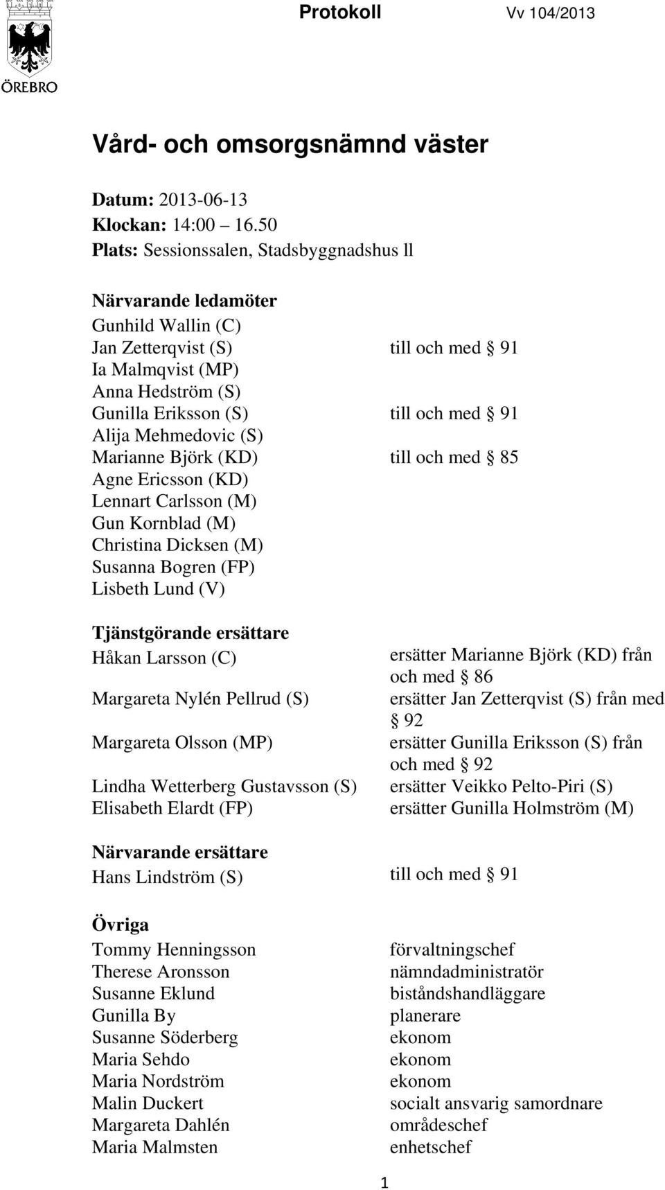 Mehmedovic (S) Marianne Björk (KD) till och med 85 Agne Ericsson (KD) Lennart Carlsson (M) Gun Kornblad (M) Christina Dicksen (M) Susanna Bogren (FP) Lisbeth Lund (V) Tjänstgörande ersättare Håkan