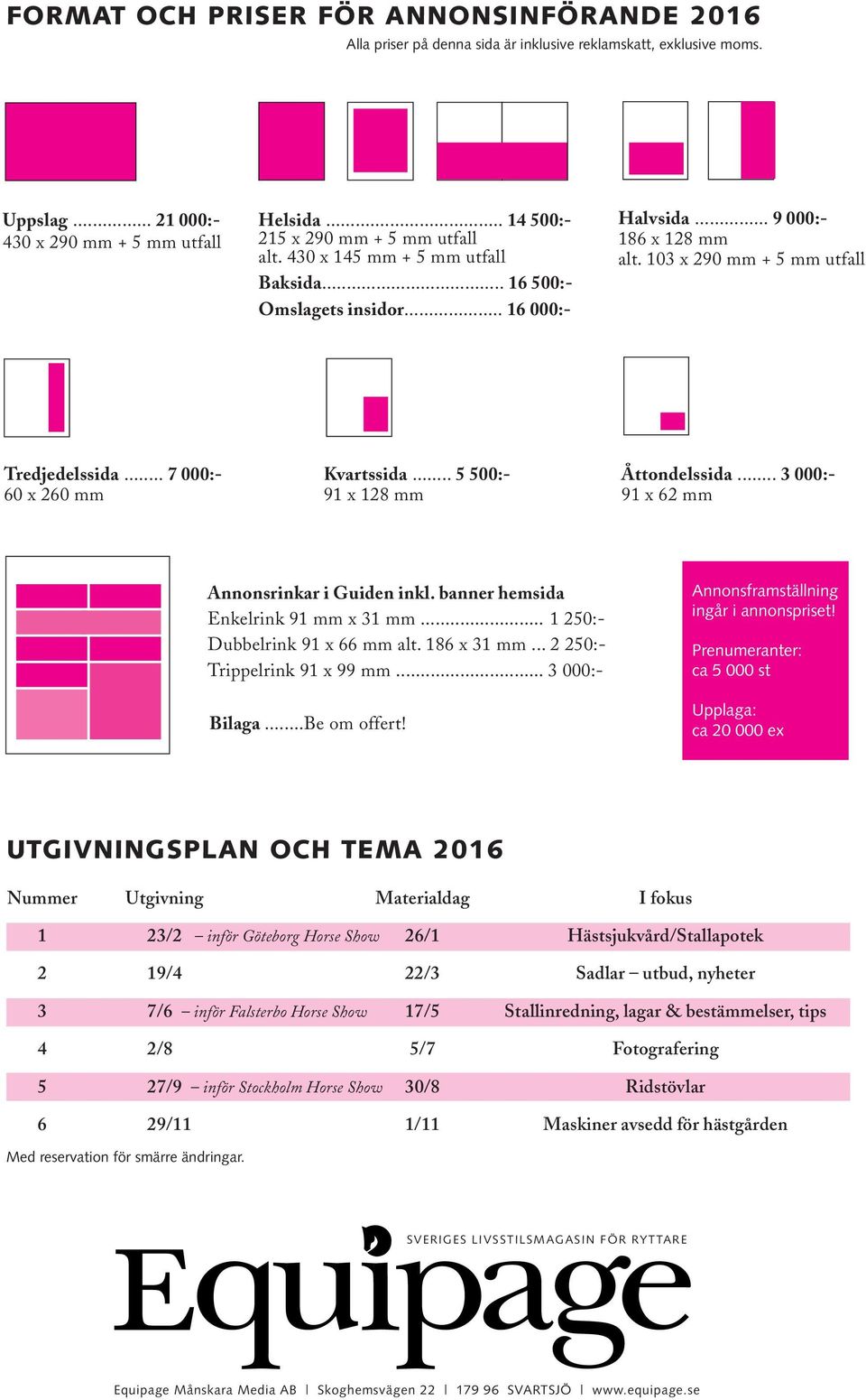 103 x 290 mm + 5 mm utfall Tredjedelssida... 7 000:- 60 x 260 mm Kvartssida... 5 500:- 91 x 128 mm Åttondelssida... 3 000:- 91 x 62 mm Annonsrinkar i Guiden inkl.