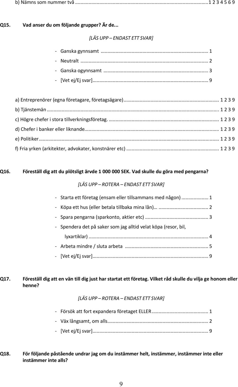 .. 1 2 3 9 e) Politiker... 1 2 3 9 f) Fria yrken (arkitekter, advokater, konstnärer etc)... 1 2 3 9 Q16. Föreställ dig att du plötsligt ärvde 1 000 000 SEK. Vad skulle du göra med pengarna?