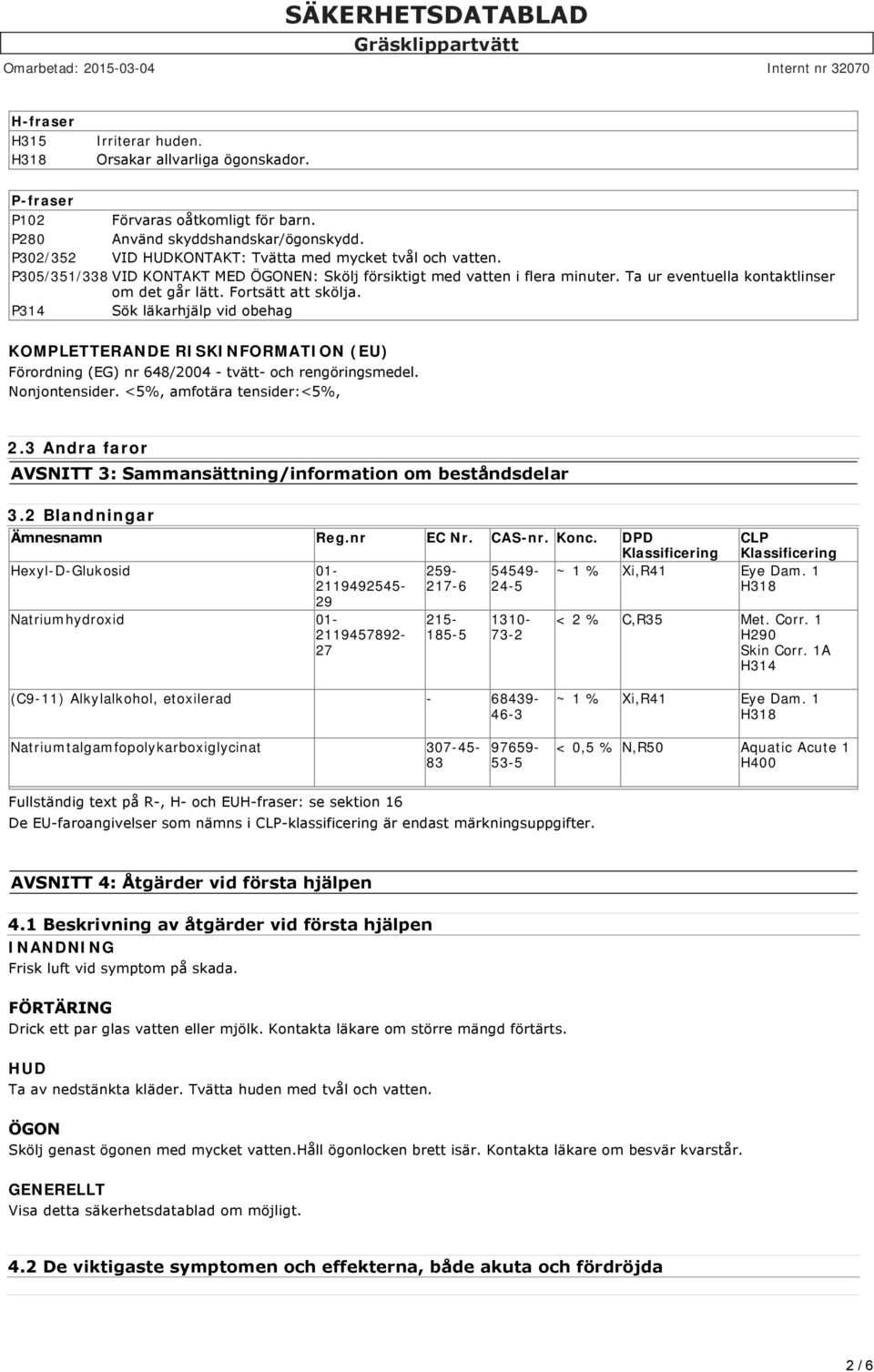 Fortsätt att skölja. P314 Sök läkarhjälp vid obehag KOMPLETTERANDE RISKINFORMATION (EU) Förordning (EG) nr 648/2004 tvätt och rengöringsmedel. Nonjontensider. <5%, amfotära tensider:<5%, 2.