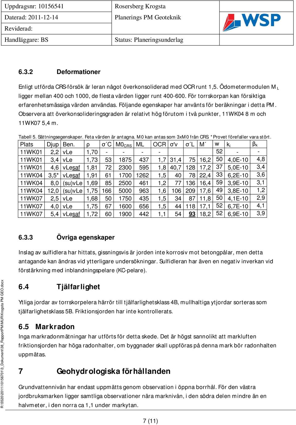 Observera att överkonsolideringsgraden är relativt hög förutom i två punkter, 11WK04 8 m och 11WK07 5,4 m. Tabell 5. Sättningsegenskaper. Feta värden är antagna. M0 kan antas som 3xM0 från CRS.