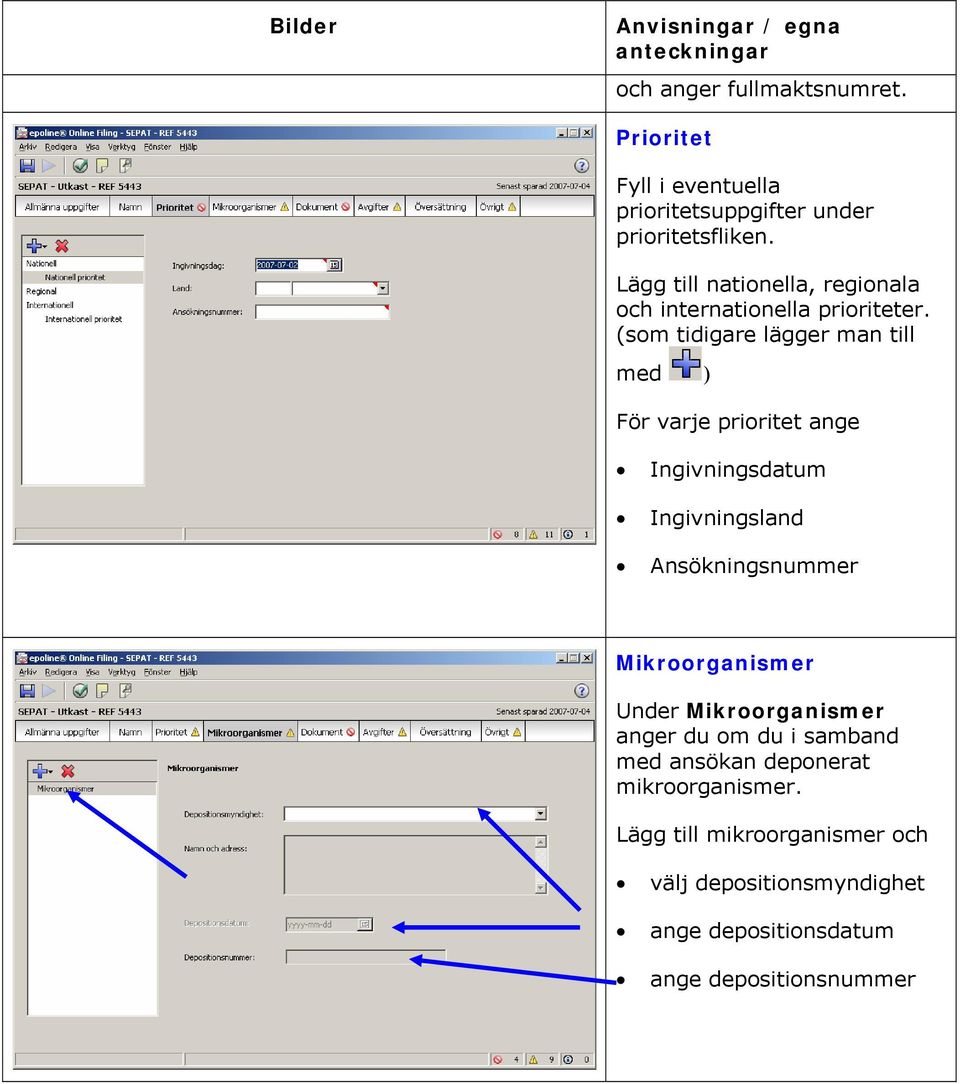 (som tidigare lägger man till med ) För varje prioritet ange Ingivningsdatum Ingivningsland Ansökningsnummer