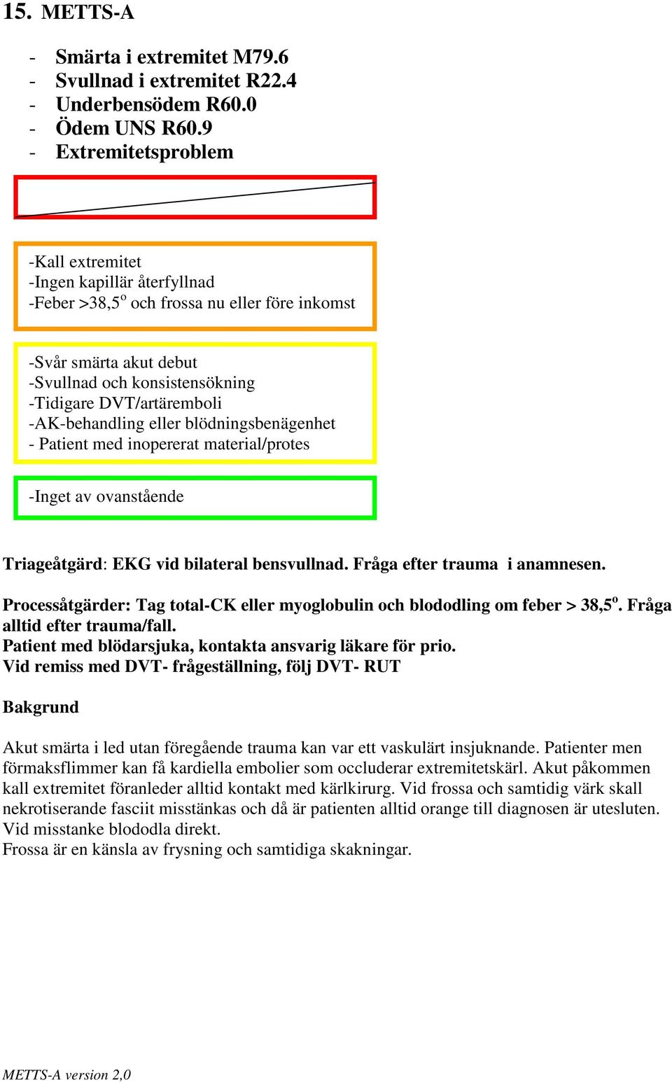 -AK-behandling eller blödningsbenägenhet - Patient med inopererat material/protes Triageåtgärd: EKG vid bilateral bensvullnad. Fråga efter trauma i anamnesen.