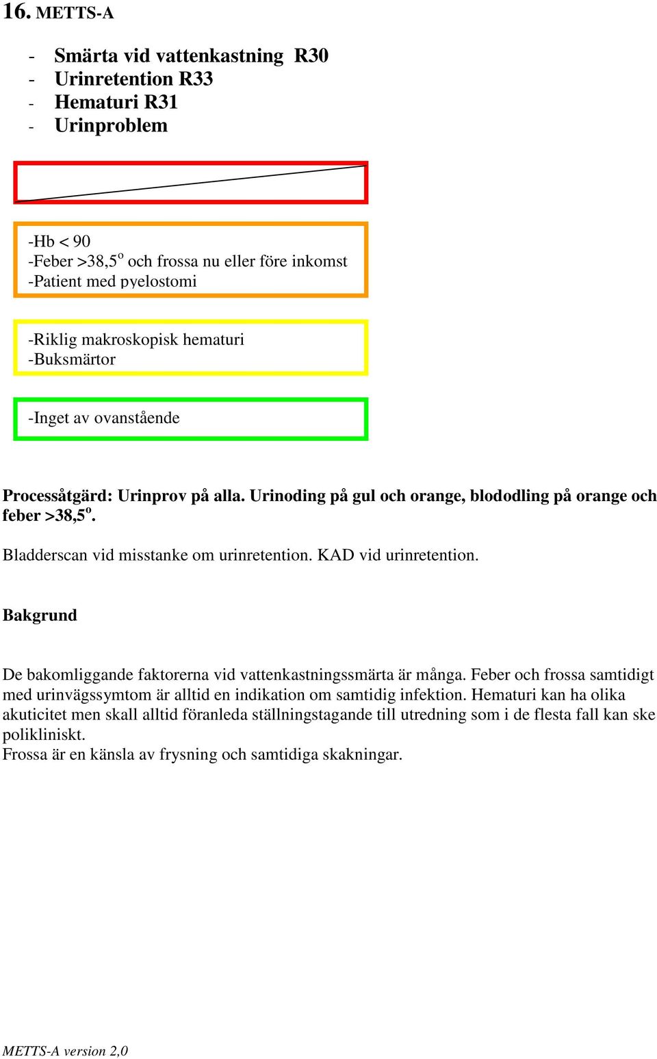 KAD vid urinretention. De bakomliggande faktorerna vid vattenkastningssmärta är många. Feber och frossa samtidigt med urinvägssymtom är alltid en indikation om samtidig infektion.