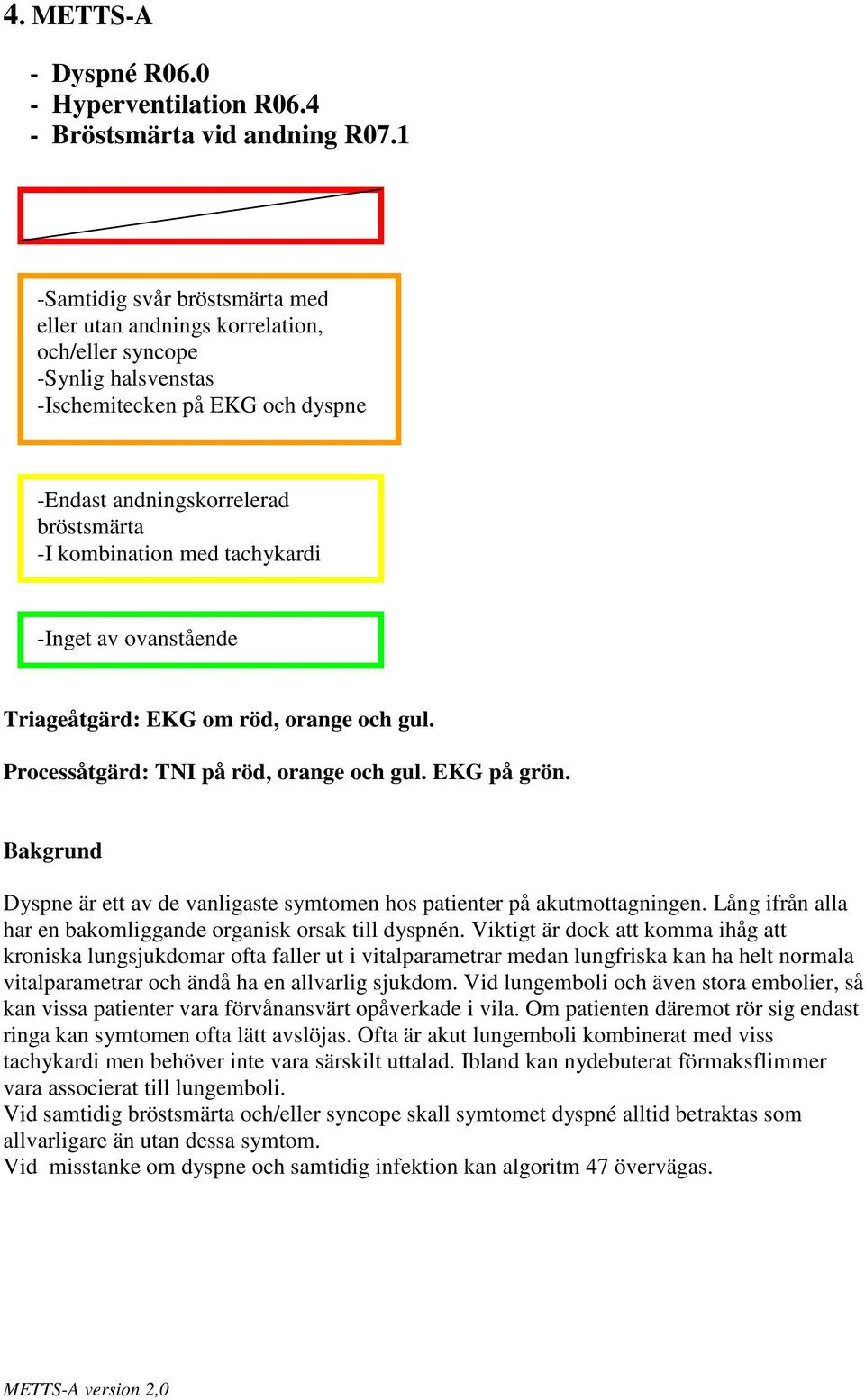 tachykardi Triageåtgärd: EKG om röd, orange och gul. Processåtgärd: TNI på röd, orange och gul. EKG på grön. Dyspne är ett av de vanligaste symtomen hos patienter på akutmottagningen.