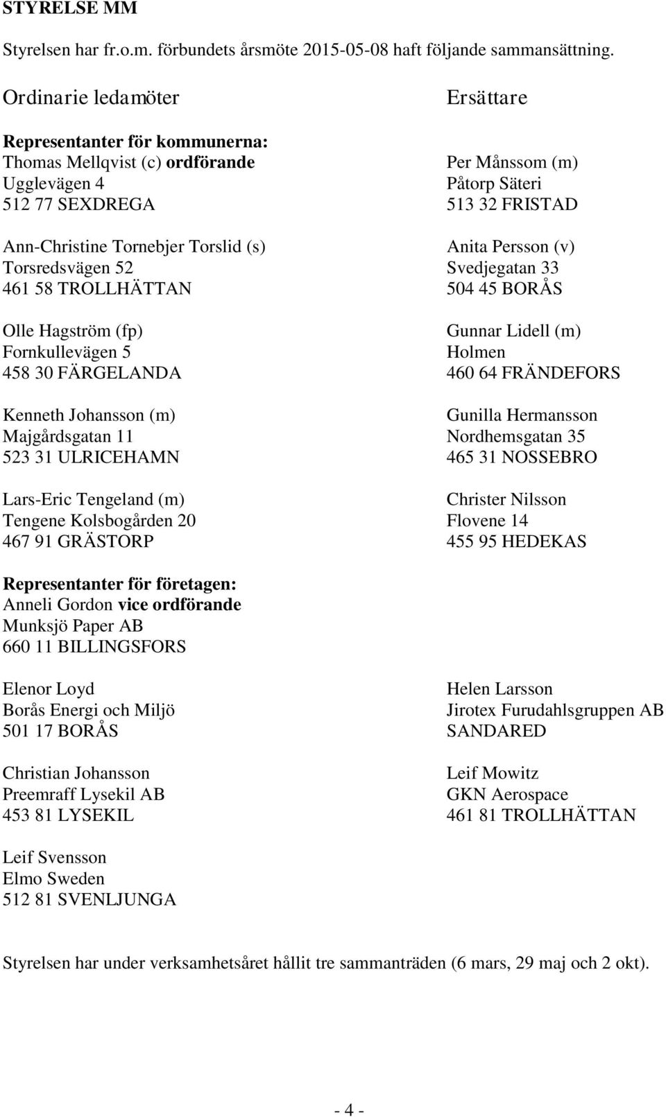 (s) Anita Persson (v) Torsredsvägen 52 Svedjegatan 33 461 58 TROLLHÄTTAN 504 45 BORÅS Olle Hagström (fp) Gunnar Lidell (m) Fornkullevägen 5 Holmen 458 30 FÄRGELANDA 460 64 FRÄNDEFORS Kenneth