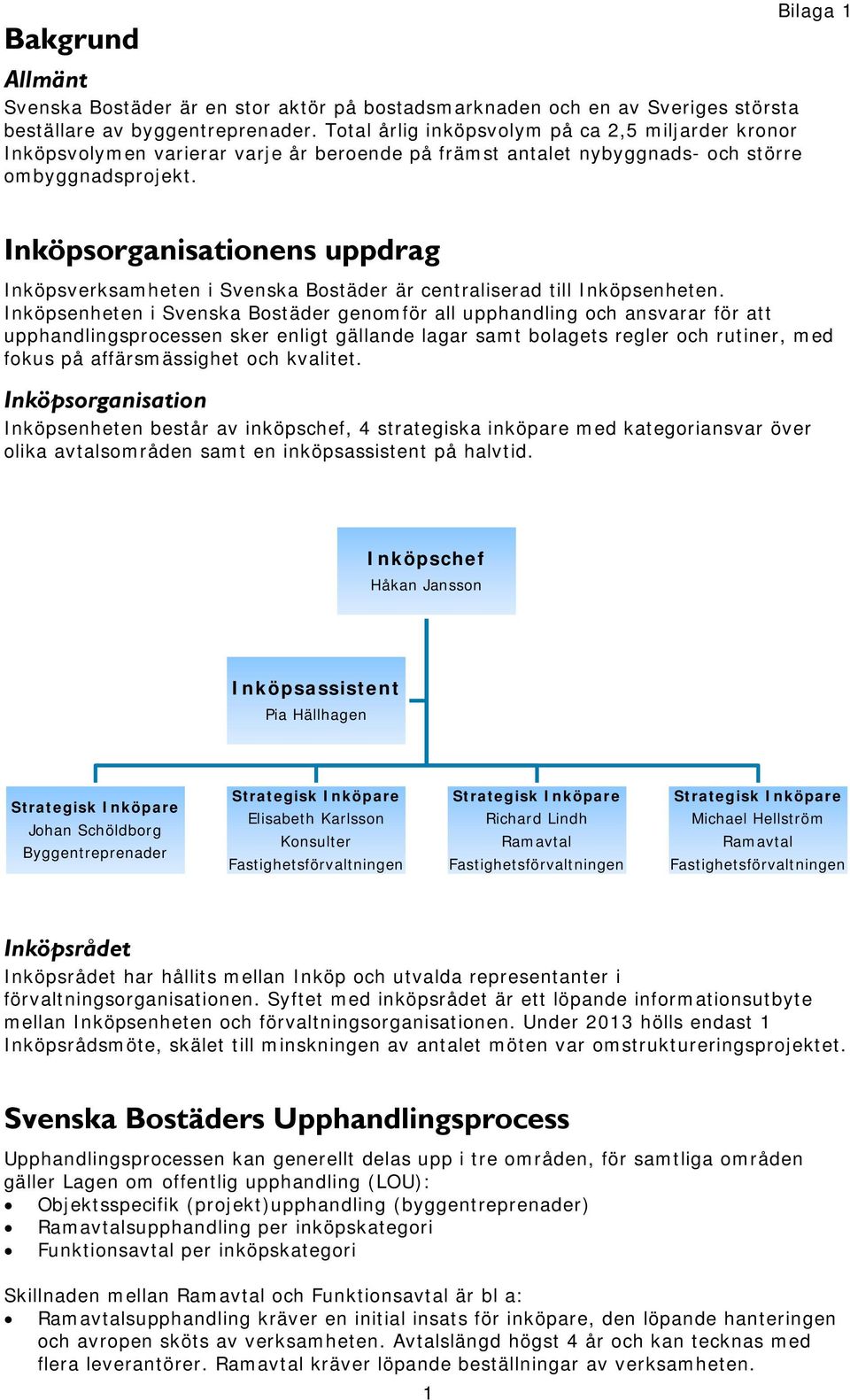 Bilaga 1 Inköpsorganisationens uppdrag Inköpsverksamheten i Svenska Bostäder är centraliserad till Inköpsenheten.