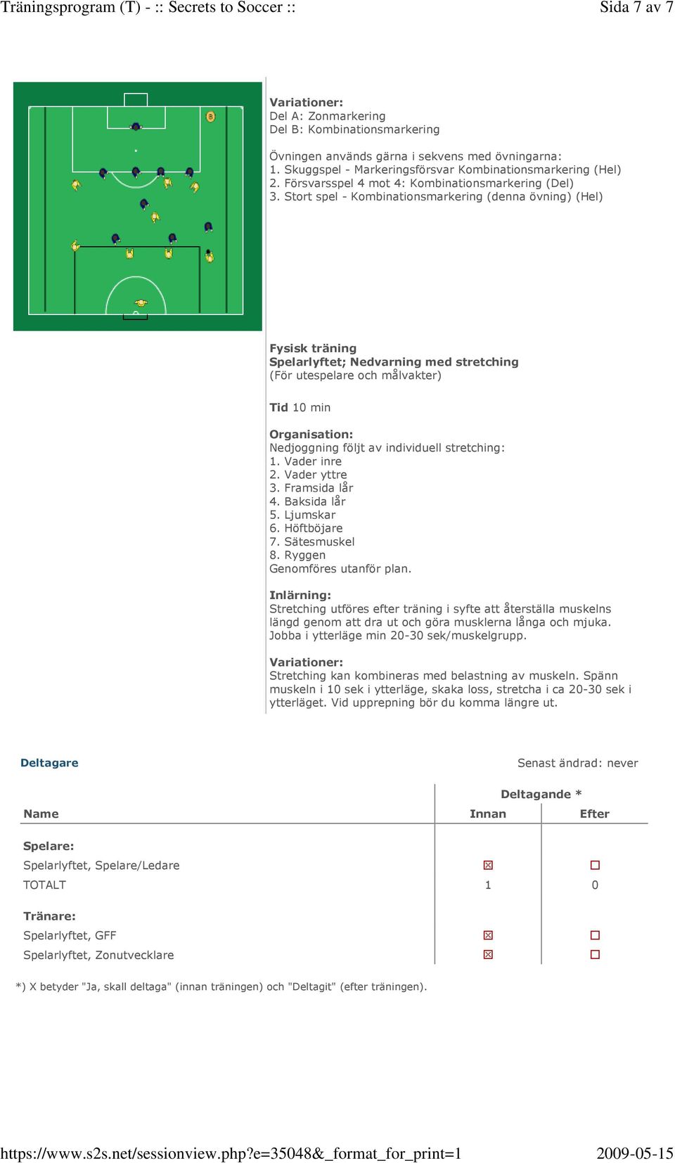 Stort spel - Kombinationsmarkering (denna övning) (Hel) Spelarlyftet; Nedvarning med stretching Tid 10 min Nedjoggning följt av individuell stretching: 1. Vader inre 2. Vader yttre 3. Framsida lår 4.