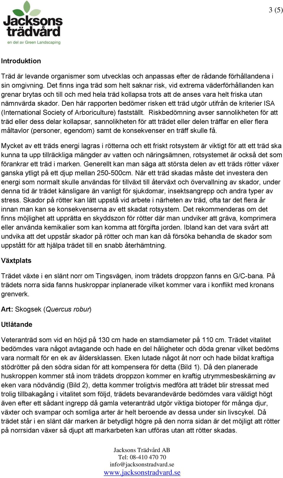 Den här rapporten bedömer risken ett träd utgör utifrån de kriterier ISA (International Society of Arboriculture) fastställt.