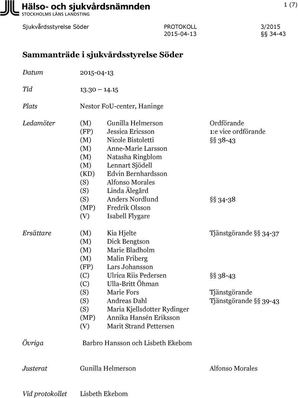 Lennart Sjödell (KD) Edvin Bernhardsson (S) Alfonso Morales (S) Linda Älegård (S) Anders Nordlund 34-38 (MP) Fredrik Olsson (V) Isabell Flygare Ersättare (M) Kia Hjelte Tjänstgörande 34-37 (M) Dick