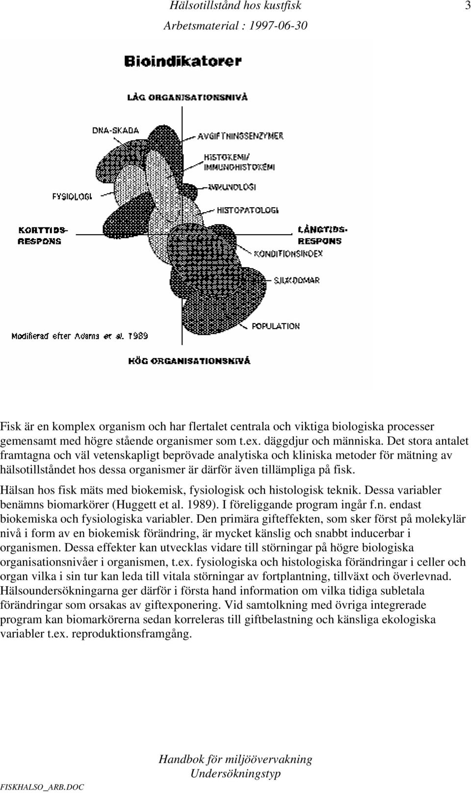 Hälsan hos fisk mäts med biokemisk, fysiologisk och histologisk teknik. Dessa variabler benämns biomarkörer (Huggett et al. 1989). I föreliggande program ingår f.n. endast biokemiska och fysiologiska variabler.