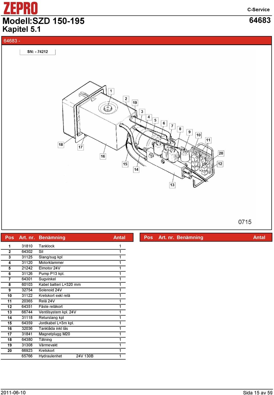 7 6430 Sugvinkel 8 6003 Kabel batteri L=30 mm 9 3754 Solenoid 4V 0 3 Kretskort exkl relä 0365 Relä 4V 6435 Fäste