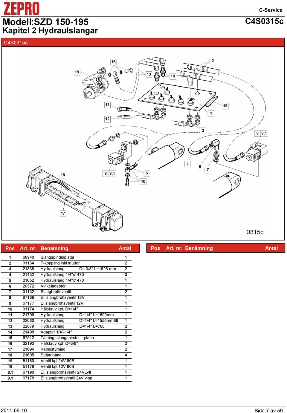 D=/4" 799 Hydraulslang D=/4" L=500mm 080 Hydraulslang D=/4" L=550mm68568 3 079 Hydraulslang D=/4" L=700 4 498 Adapter /4"-/4" 5 675 Tätning, slangspindel platta 6 393