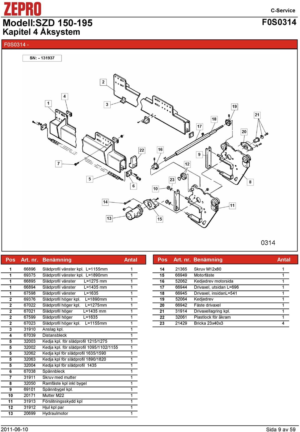 L=75mm 670 Slädprofil höger L=435 mm 67599 Slädprofil höger L=635 6703 Slädprofil höger kpl. L=55mm 3 390 Anslag kpl. 4 67039 Distansbleck 5 3003 Kedja kpl. för slädprofil 5/75 5 300 Kedja kpl.