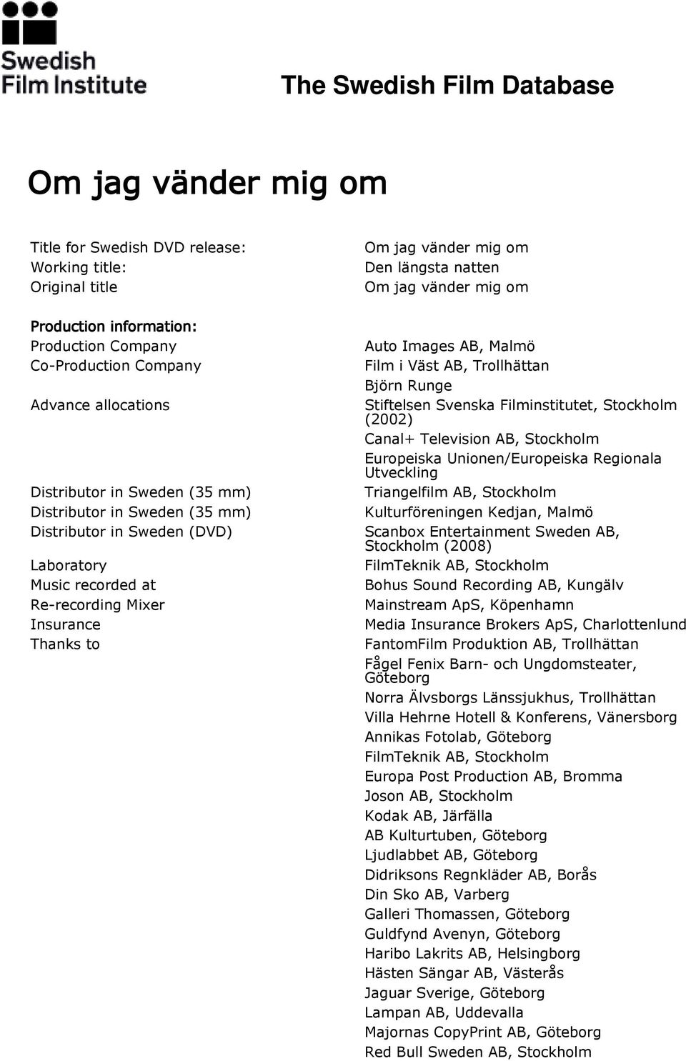 AB, Malmö Film i Väst AB, Trollhättan Björn Runge Stiftelsen Svenska Filminstitutet, Stockholm (2002) Canal+ Television AB, Stockholm Europeiska Unionen/Europeiska Regionala Utveckling Triangelfilm