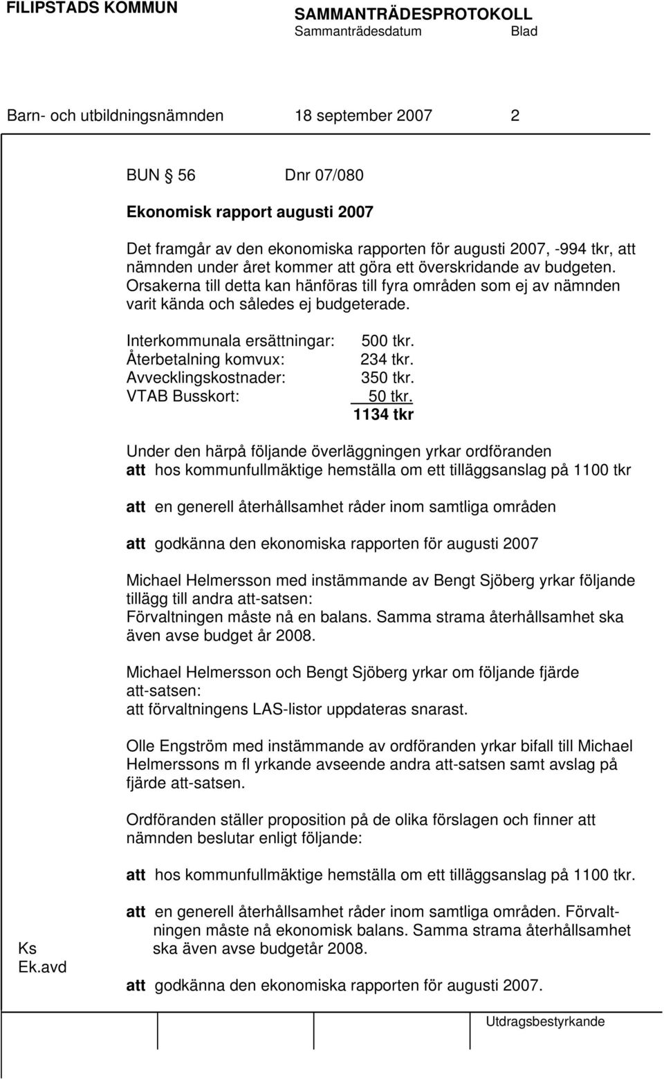 Interkommunala ersättningar: Återbetalning komvux: Avvecklingskostnader: VTAB Busskort: 500 tkr. 234 tkr. 350 tkr. 50 tkr.