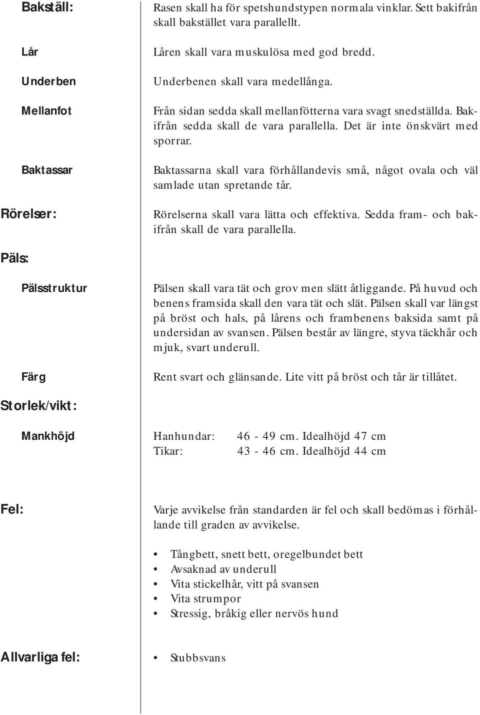 Baktassarna skall vara förhållandevis små, något ovala och väl samlade utan spretande tår. Rörelserna skall vara lätta och effektiva. Sedda fram- och bakifrån skall de vara parallella.