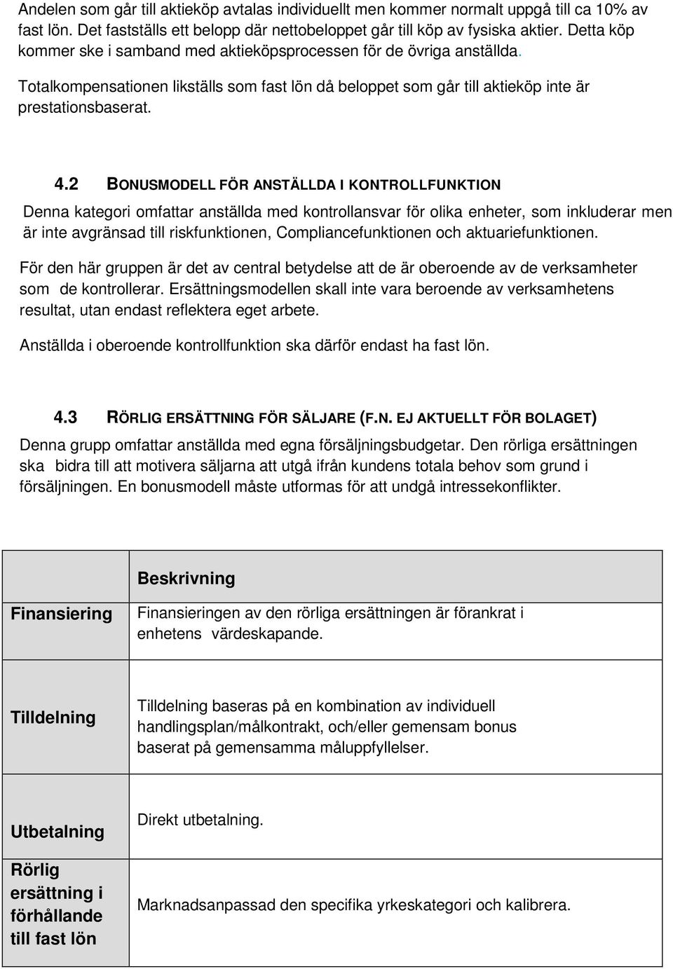 2 BONUSMODELL FÖR ANSTÄLLDA I KONTROLLFUNKTION Denna kategori omfattar anställda med kontrollansvar för olika enheter, som inkluderar men är inte avgränsad till riskfunktionen, Compliancefunktionen