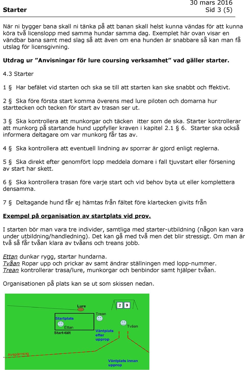 Utdrag ur Anvisningar för lure coursing verksamhet vad gäller starter. 4.3 Starter 1 Har befälet vid starten och ska se till att starten kan ske snabbt och ffektivt.