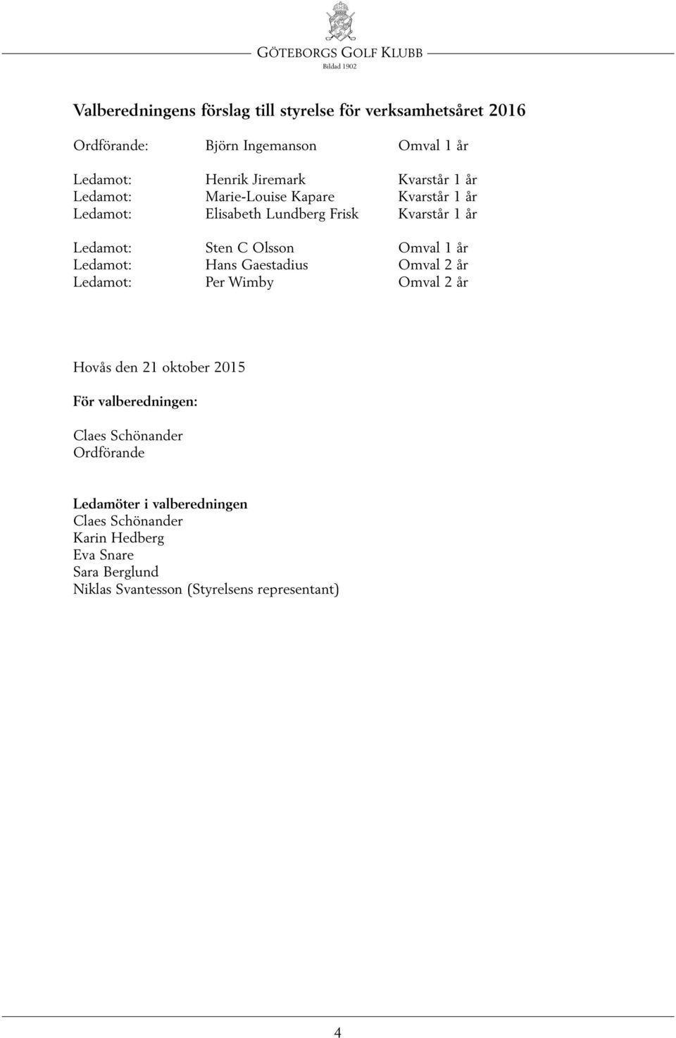 1 år Ledamot: Hans Gaestadius Omval 2 år Ledamot: Per Wimby Omval 2 år Hovås den 21 oktober 2015 För valberedningen: Claes Schönander