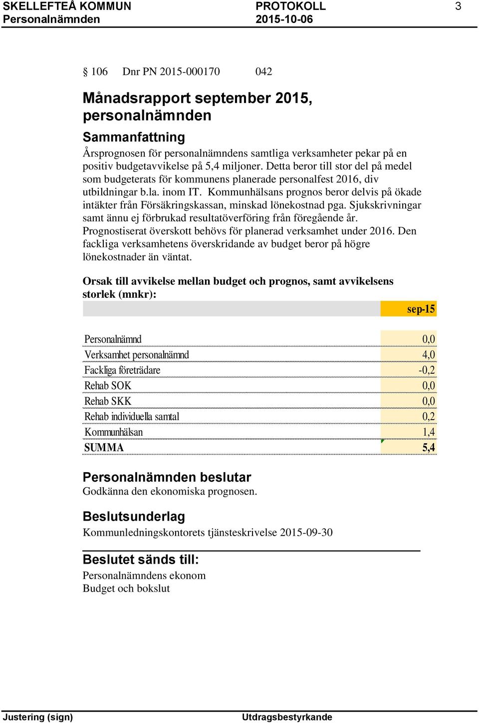 Kommunhälsans prognos beror delvis på ökade intäkter från Försäkringskassan, minskad lönekostnad pga. Sjukskrivningar samt ännu ej förbrukad resultatöverföring från föregående år.