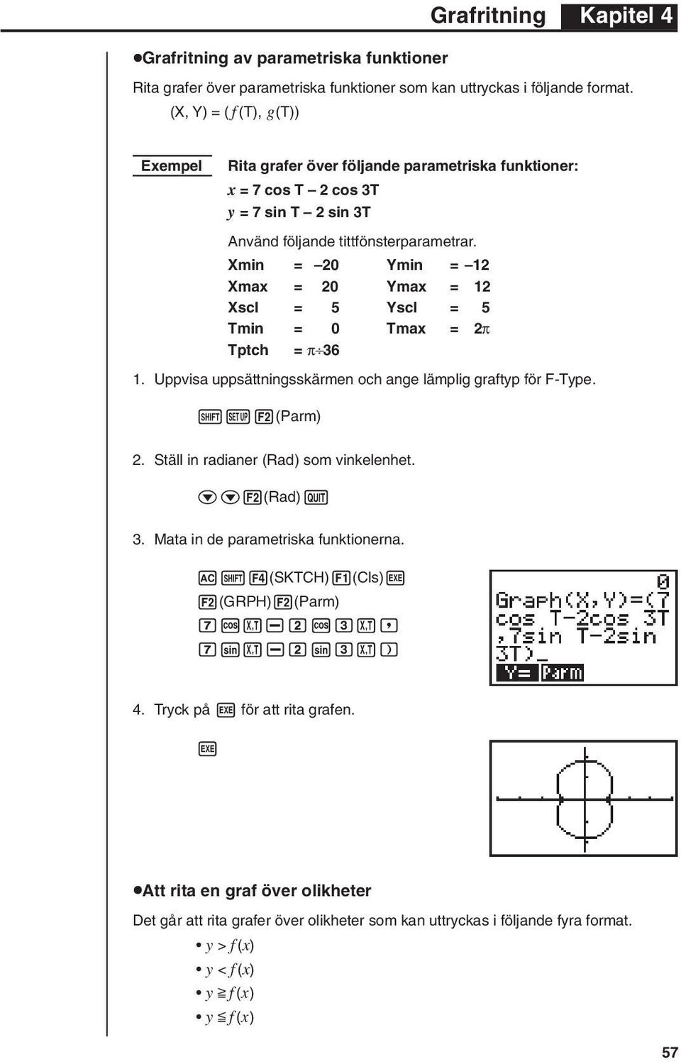 Xmin = 20 Ymin = 12 Xmax = 20 Ymax = 12 Xscl = 5 Yscl = 5 Tmin = 0 Tmax = 2π Tptch = π 36 1. Uppvisa uppsättningsskärmen och ange lämplig graftyp för F-Type.!Z2(Parm) 2.