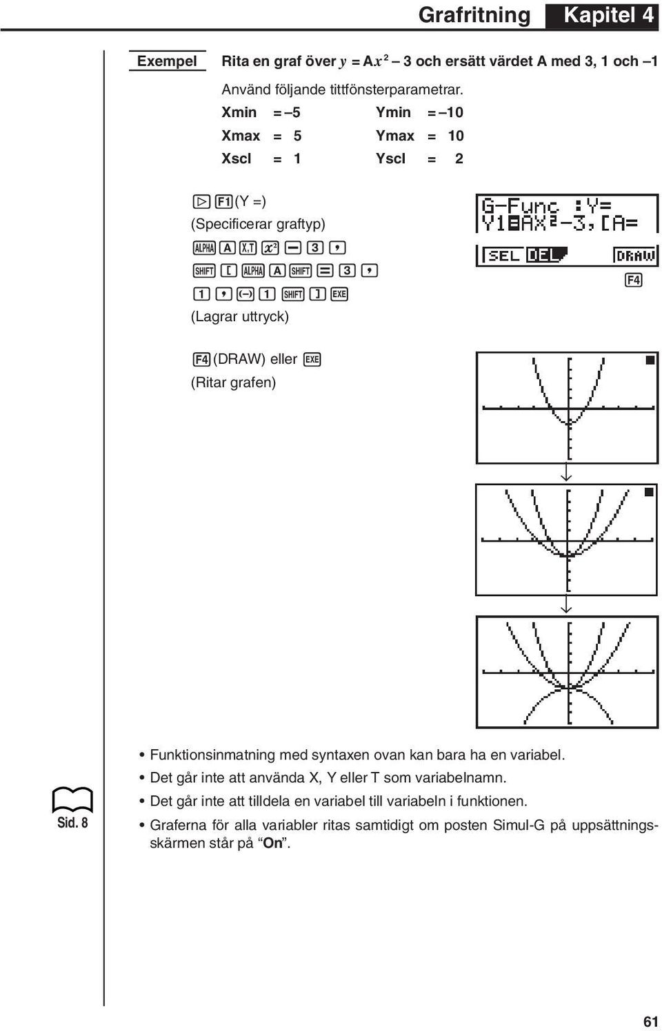 ]w (Lagrar uttryck) 1 2 3 4 4(DRAW) eller w (Ritar grafen) Sid. 8 Funktionsinmatning med syntaxen ovan kan bara ha en variabel.