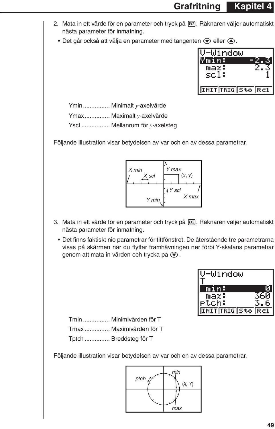 X min X scl Y min Y max (x, y) Y scl X max 3. Mata in ett värde för en parameter och tryck på w. Räknaren väljer automatiskt nästa parameter för inmatning.