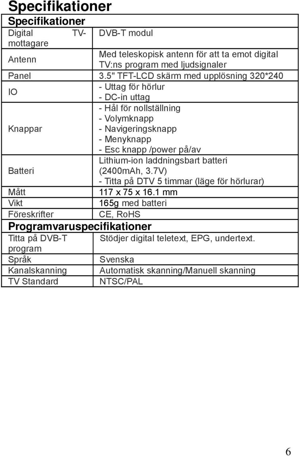 på/av Batteri Lithium-ion laddningsbart batteri (2400mAh, 3.7V) - Titta på DTV 5 timmar (läge för hörlurar) Mått 117 x 75 x 16.