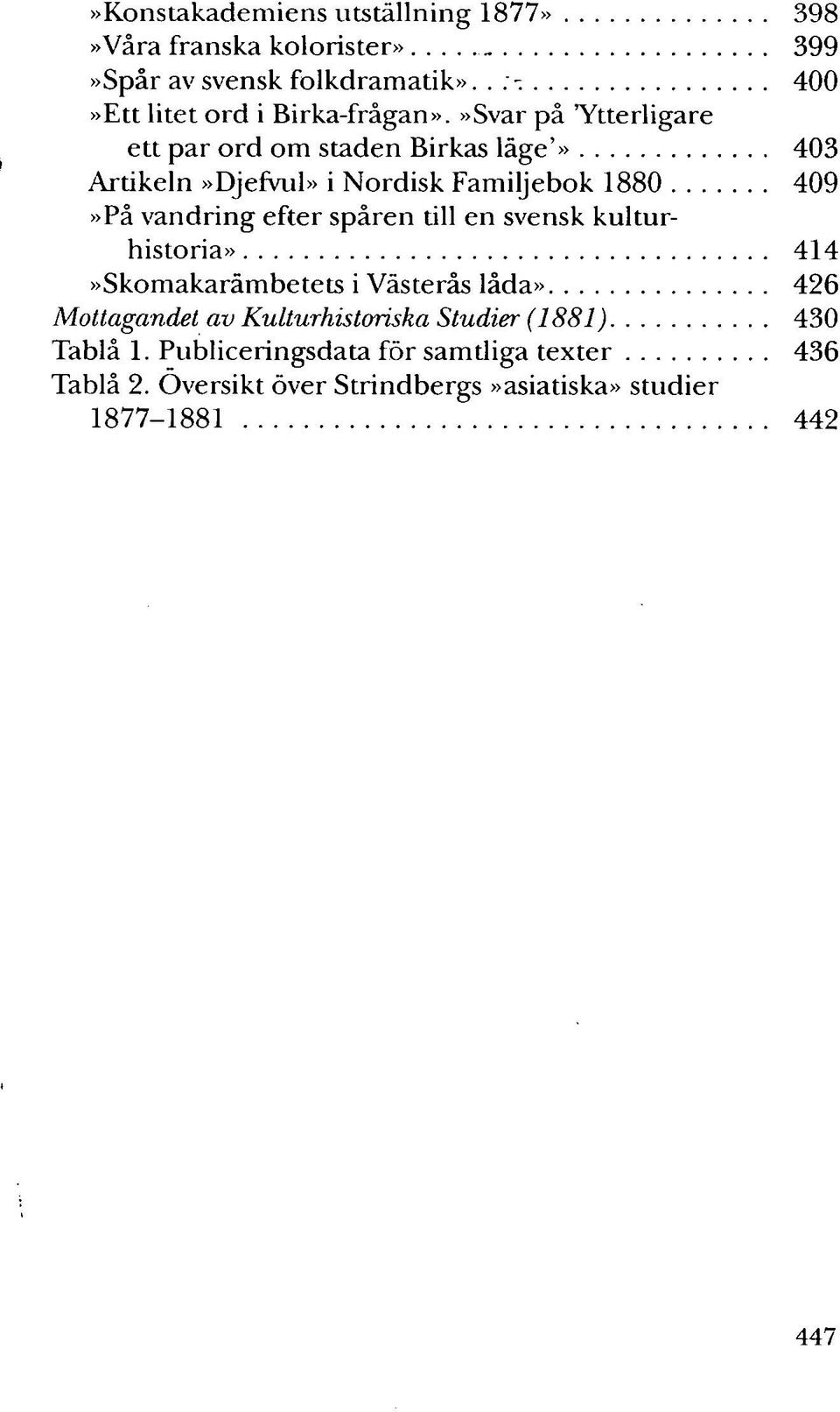 »Svar på "Ytterligare ett par ord om staden Birkas läge'» 403 Artikeln»Djefvul» i Nordisk Familjebok 1880 409»På vandring efter