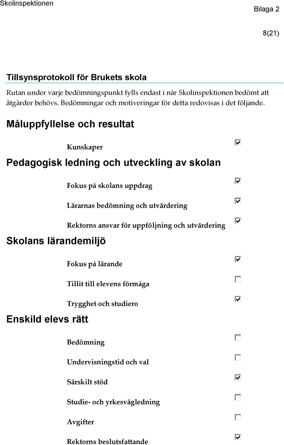 Måluppfyllelse och resultat Kunskaper Pedagogisk ledning och utveckling av skolan Fokus på skolans uppdrag Lärarnas bedömning och utvärdering Skolans