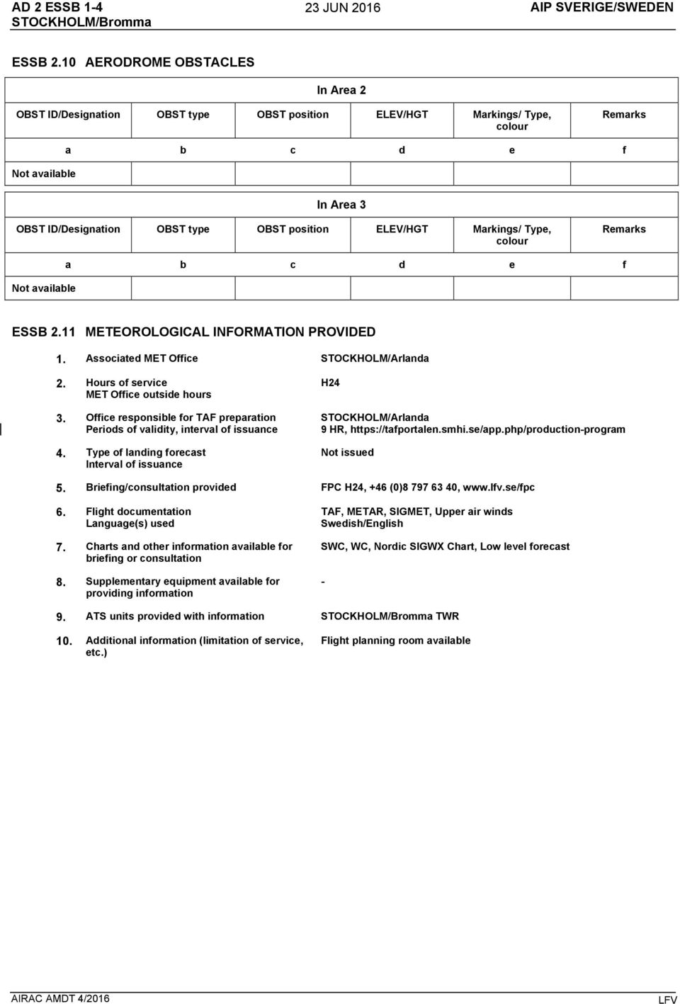 ELEV/HGT Markings/ Type, colour Remarks Not available a b c d e f ESSB 2.11 METEOROLOGICAL INFORMATION PROVIDED 1. Associated MET Office STOCKHOLM/Arlanda 2.