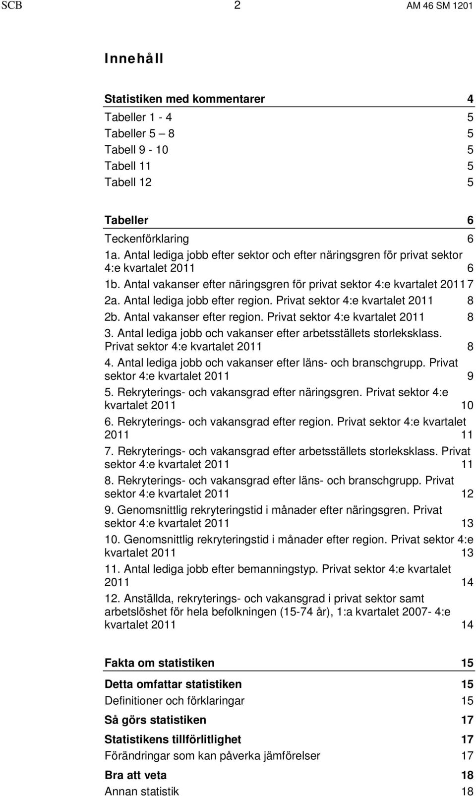 Antal lediga jobb efter region. Privat sektor 4:e kvartalet 2011 8 2b. Antal vakanser efter region. Privat sektor 4:e kvartalet 2011 8 3.