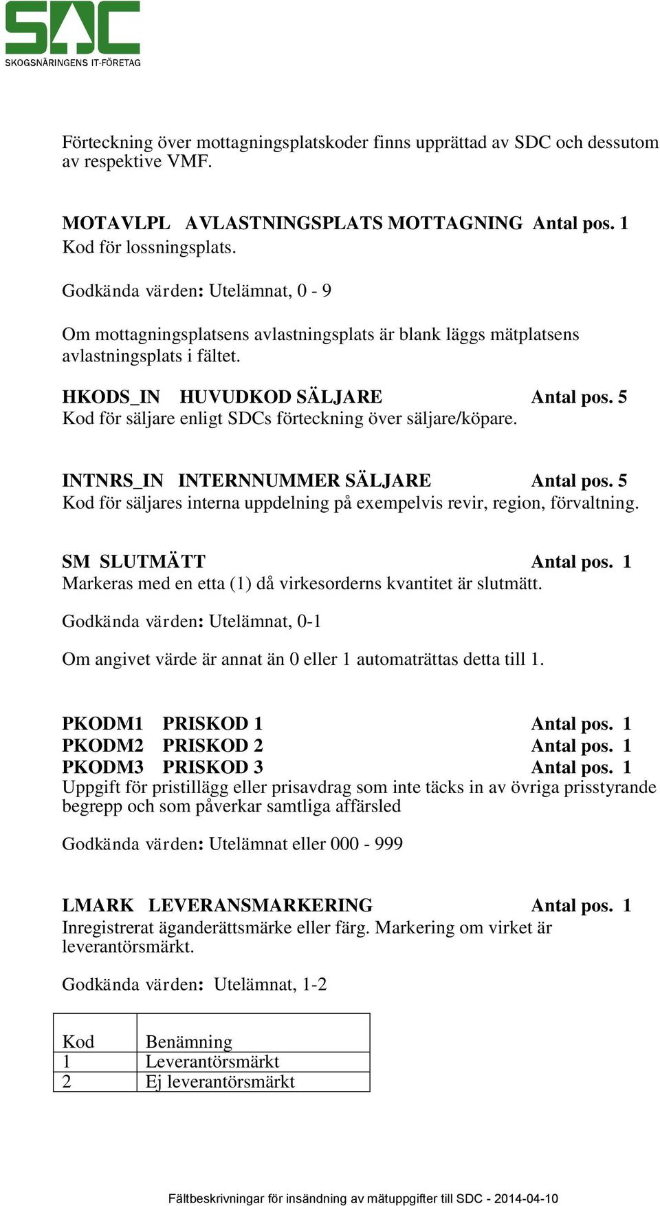 5 Kod för säljare enligt SDCs förteckning över säljare/köpare. INTNRS_IN INTERNNUMMER SÄLJARE Antal pos. 5 Kod för säljares interna uppdelning på exempelvis revir, region, förvaltning.