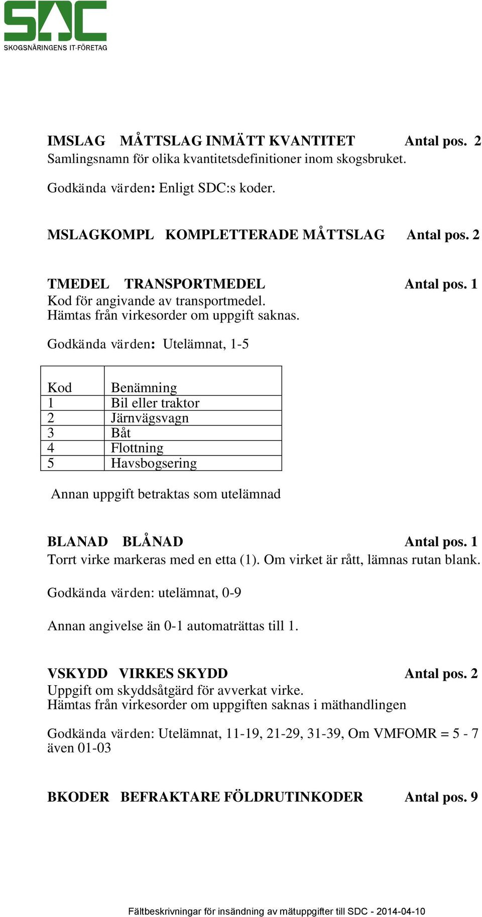 Godkända värden: Utelämnat, 1-5 Kod Benämning 1 Bil eller traktor 2 Järnvägsvagn 3 Båt 4 Flottning 5 Havsbogsering Annan uppgift betraktas som utelämnad BLANAD BLÅNAD Antal pos.