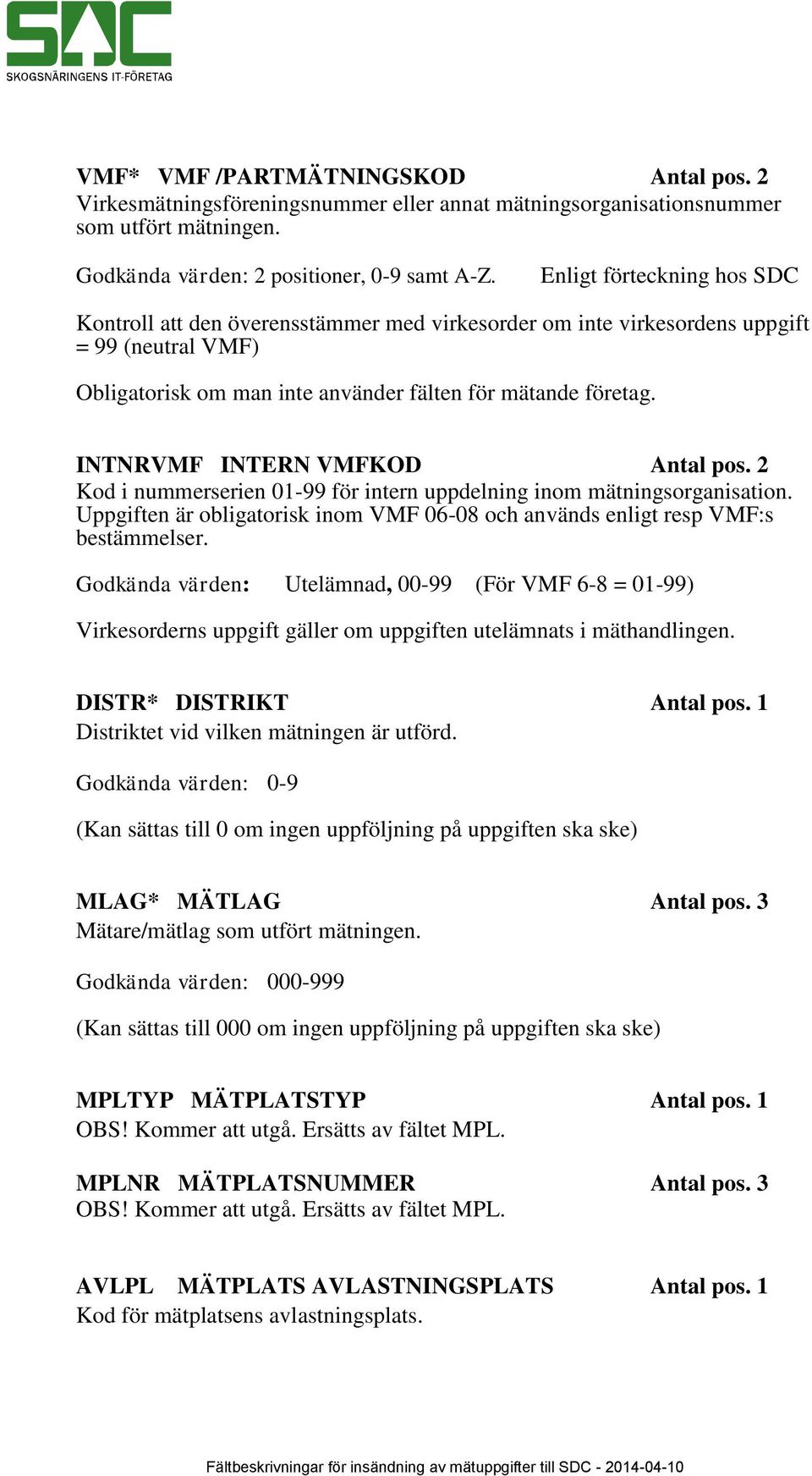 INTNRVMF INTERN VMFKOD Antal pos. 2 Kod i nummerserien 01-99 för intern uppdelning inom mätningsorganisation. Uppgiften är obligatorisk inom VMF 06-08 och används enligt resp VMF:s bestämmelser.