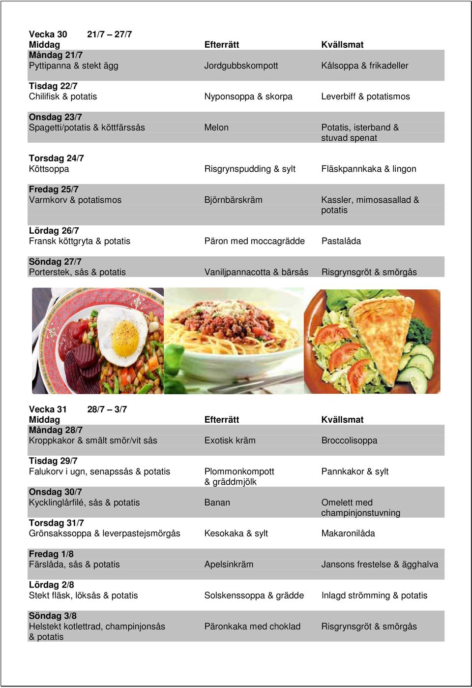 potatis Lördag 26/7 Fransk köttgryta & potatis Päron med moccagrädde Pastalåda Söndag 27/7 Porterstek, sås & potatis Vaniljpannacotta & bärsås Risgrynsgröt & smörgås Vecka 31 28/7 3/7 Måndag 28/7