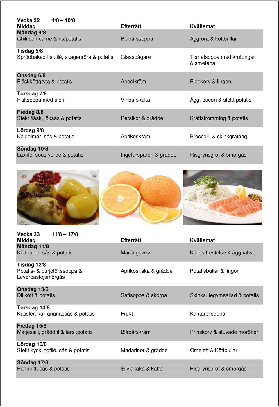 Kräftströmming & potatis Lördag 9/8 Kåldolmar, sås & potatis Aprikoskräm Broccoli- & skinkgratäng Söndag 10/8 Laxfilé, sous verde & potatis Ingefärspäron & grädde Risgrynsgröt & smörgås Vecka 33 11/8