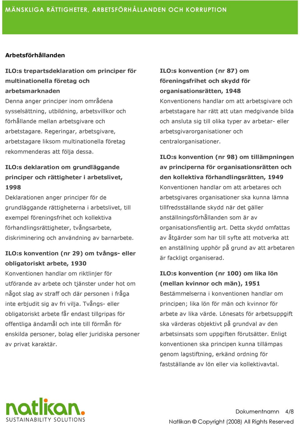 ILO:s deklaration om grundläggande principer och rättigheter i arbetslivet, 1998 Deklarationen anger principer för de grundläggande rättigheterna i arbetslivet, till exempel föreningsfrihet och