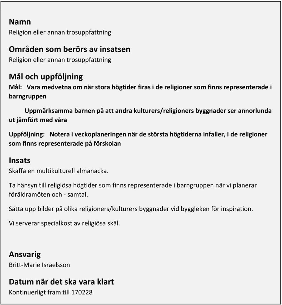religioner som finns representerade på förskolan Insats Skaffa en multikulturell almanacka.